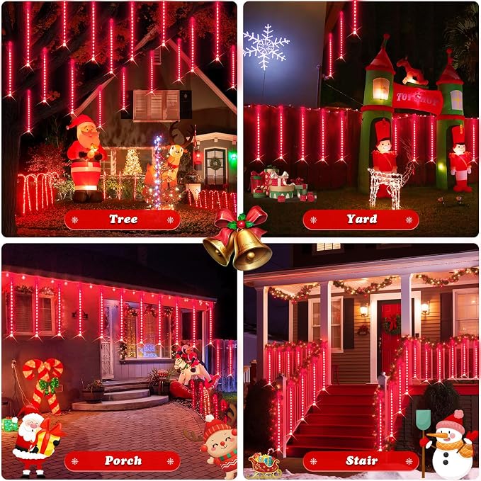 JMEXSUSS Red Solar Christmas Lights Outdoor, 8 Tube 144 LEDs | Solar Meteor Shower Rain Lights, Red Twinkle Light for Tree Eaves Fence Christmas Decorations