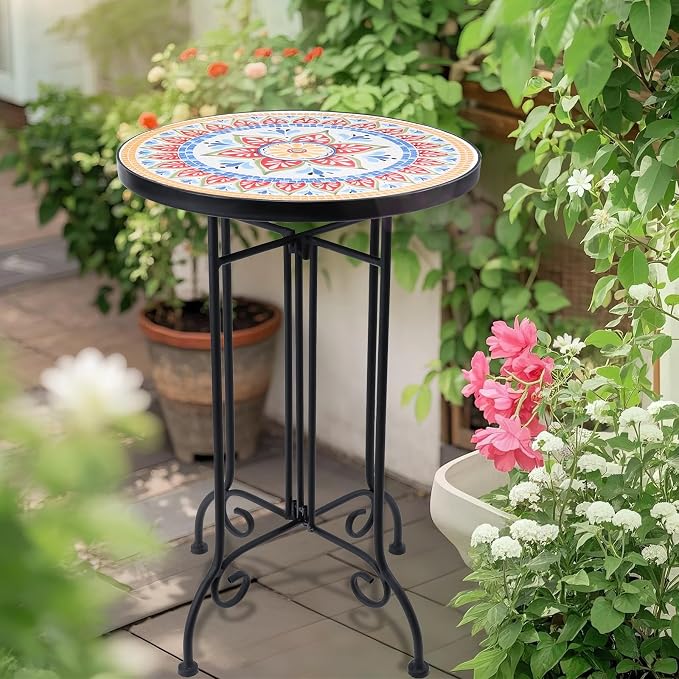 VCUTEKA Mosaic Outdoor Side Table, Round Rustproof Patio Tables with 14" Ceramic Tile Top, Indoor Porch Accent Table for Yard, Garden, Living Room, Bistro Balcony, Orange