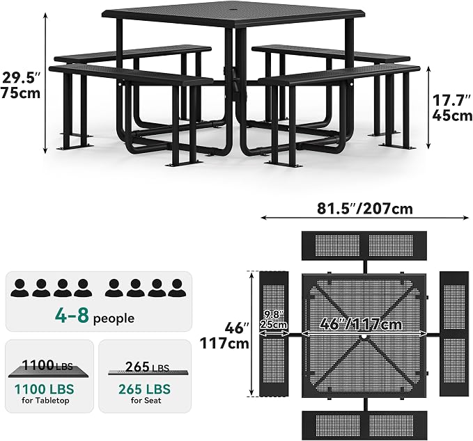 YITAHOME 37in icnic Table with Umbrella Hole, Outdoor Heavy-Duty Portable Picnic Table, Coated Steel Commercial Grade Table for a Lifetime