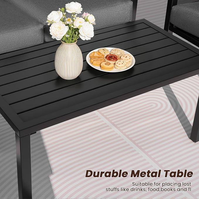NATURAL EXPRESSIONS Outdoor Patio Furniture 4 Pieces Set, Modern Patio Conversation Sets, Outdoor Sectional Metal Sofa with 5.5 Inch Cushion and Coffee Table,Black