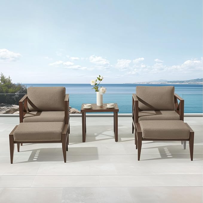 2-Seat Aluminum Patio Furniture Set with Ottomans & Coffee Table, Oversized Outdoor Conversation Set, Weather-Resistant for Backyard, Deck, Balcony – Brown