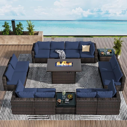 Grezone 15 Piece Patio Furniture Set with 44" Fire Pit Table, Outdoor Sectional Couch, PE Rattan Patio Conversation Sets with 4inch Cushions for Backyard Deep Blue