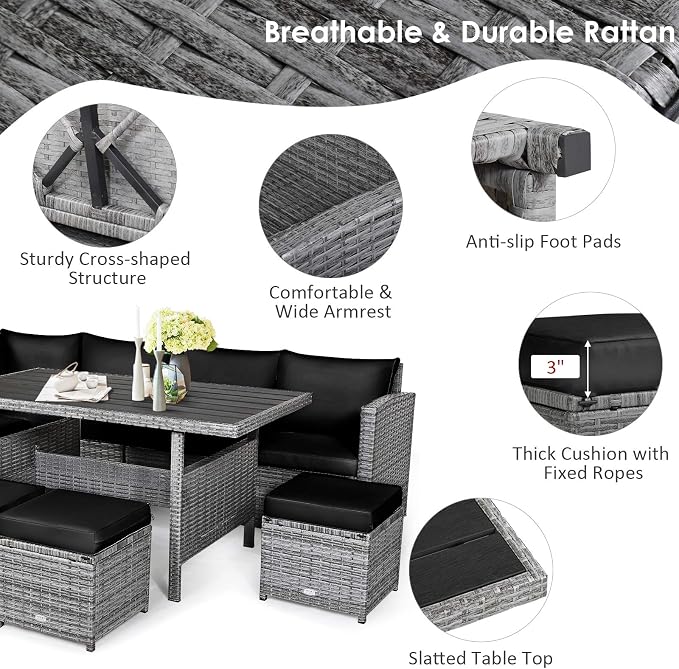 Tangkula Patio Furniture Set for 6, 7 Piece All Weather Heavy Duty PE Wicker Sectional Sofa with Dining Table and Ottomans, Rattan Conversation Set for Backyard, Deck, Poolside