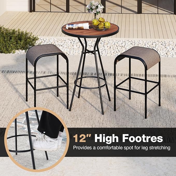 Tangkula 28” Outdoor Bar Table, Round Bar Height Table with Wood-Like Tabletop, Umbrella Hole & Footrest, Patio Bistro Table, High Top Table for Backyard, Garden & Deck