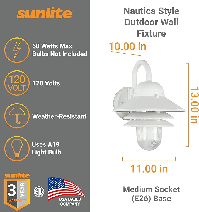 Sunlite 41367-SU Nautical Style Outdoor Wall Fixture, Medium Base Socket (E26), Weatherproof Polycarbonate, Prismatic Acrylic Lens, UL Listed, White