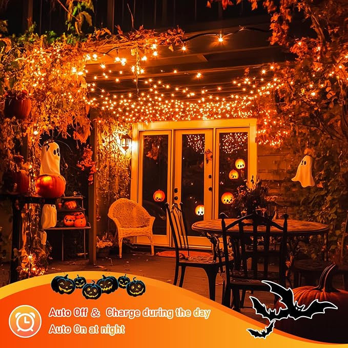 JMEXSUSS 4 Pack Solar Halloween Lights, 33FT 100 LED Orange Fairy Lights | Outdoor Waterproof, 8 Modes Copper Wire Solar String Lights for Outside Garden Yard Patio Tree Halloween Decoratios