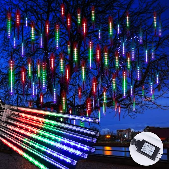 Meteor Shower Lights Outdoor, 11.8 Inches 10 Tubes 240 LED Snowfall Light, Waterproof Meteor Christmas Lights, Hanging Falling Rain Light for Tree Bushes Holiday Party Christmas Decor, Multicolored