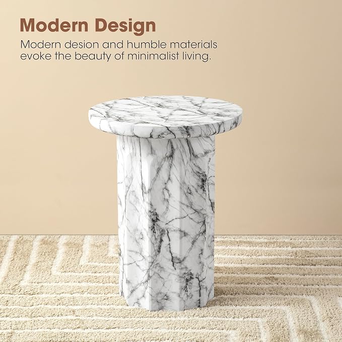 Glitzhome Indoor Outdoor Side Table 21" H, Modern MGO Faux Marble Side Table Round End Table, Decorative Accent Stool for Garden Outdoor Patio Living Room Bedroom Home Decor