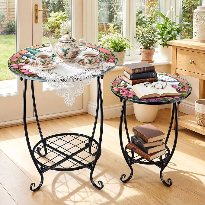Cinnvoice 2 Pcs Outdoor Side Table Small Patio Round Mosaic Accent End Table Indoor Plant Metal Coffee Tea Tables for Patio Yard Porch Garden Living Room(12" and 16",Hummingbird Style)