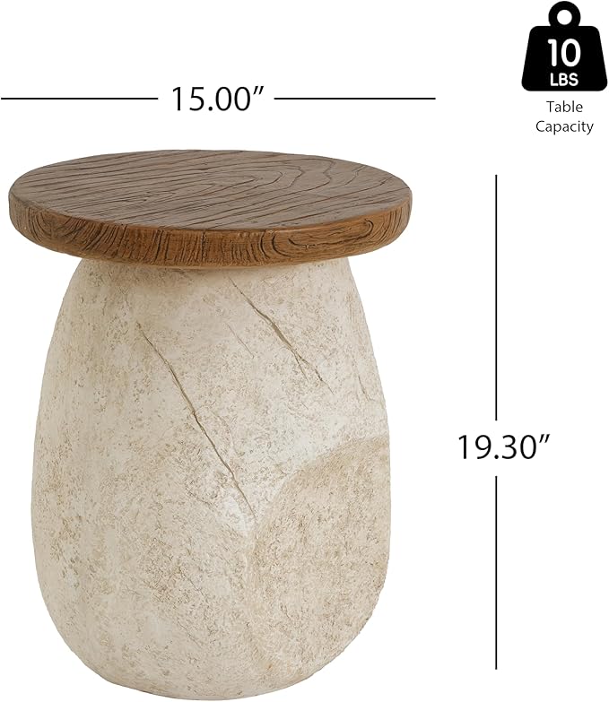 Outdoor Side Table, Modern Organic MGO Accent End Table for Patio, Living Room, Beige Tone Organic Pear-Shaped Base with Faux Wood Grain Top