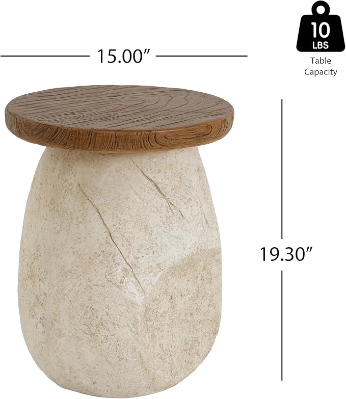 Merax Small Outdoor Patio Side Table, Modern MGO Round Accent End Table with Pear-Shaped Base & Faux Wood Grain Top, Beige Sculptural Finish, 19.3" Height Side Table for Poolish Garden Balcony
