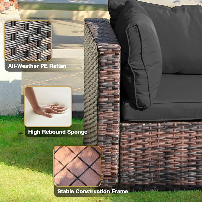 13 Piece Patio Furniture Set All Weather PE Rattan Outdoor Sectional Sofa Couch with No-Slip Cushions and Glass Top Table for Garden, Poolside, Backyard (Black)