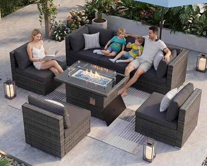 BULEXYARD 7 Piece High Back Outdoor Furniture Set with Fire Pit, Contemporary All Weather Wicker Patio Couch Sofa Set, Extra Large Modular 6-Seater Sectional Backyard Seating Wide Deep for Lawn, Grey