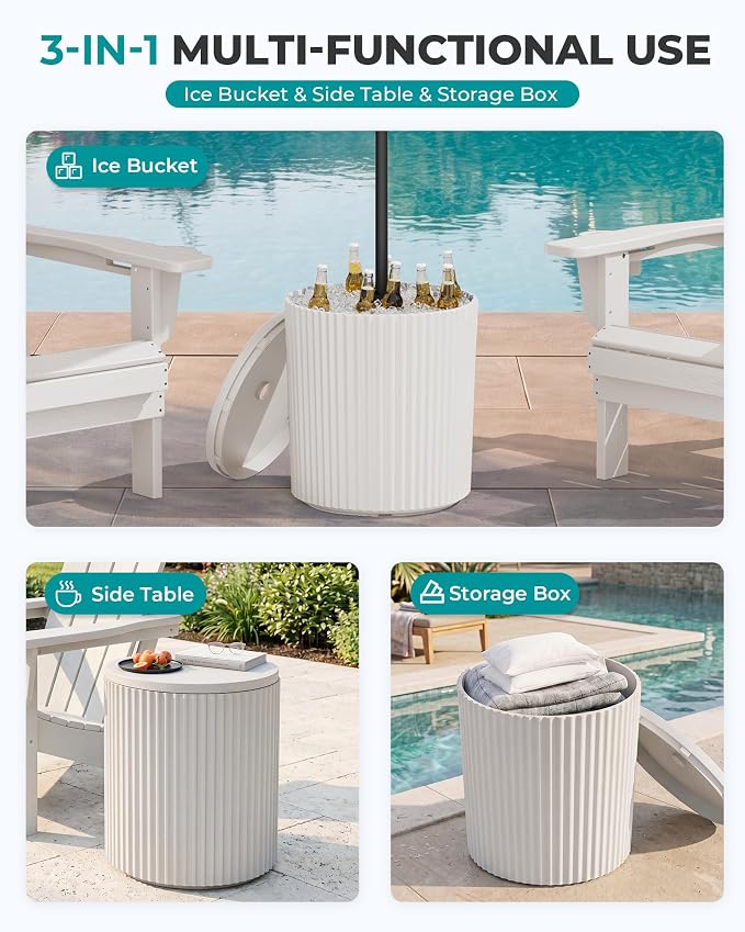 SERWALL Round Outdoor Umbrella Side Table Set of 2 - Outdoor Patio Table with Umbrella Hole for Porch/Patio/Poolside, Beige