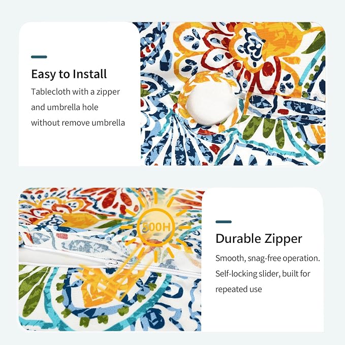 DYTXIII Outdoor Round Tablecloth with Umbrella Hole 60 Inch, Water Repellent & Fade Resistant Table Cover, All Weather Outdoor Tablecloth for Garden & Party Table, Paisley Multi