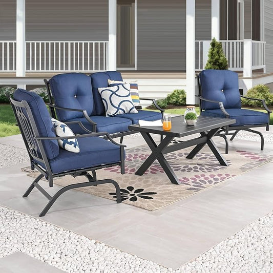Patio Conversation Set 4 Pieces Metal Outdoor Furniture Sets Outside Loveseat with Rocking Chairs Coffee Table Thick Cushions (Blue)