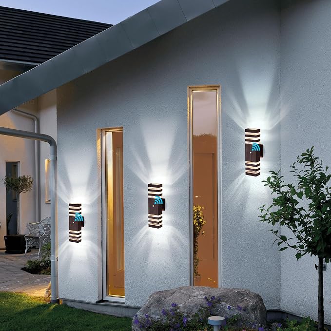 Outdoor Wall Lights, Dusk to Dawn Brown Outdoor Lights for House 3-Layer Modern Exterior Light Fixture Wall Mount Waterproof Up and Down Porch Lights for Garage Entryway, 2 Pack