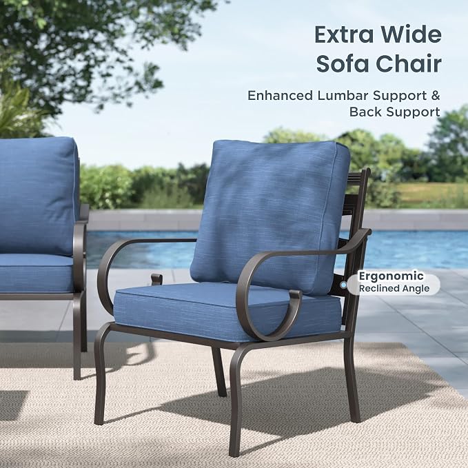 PHI VILLA Patio Furniture Set, 3-Seater Sofa, 2 Fixed Chairs and a 45" Fire Pit Table, Outdoor Metal Conversation Set with 5.75" Extra Thick Cushion for Garden Backyard Deck, Navy