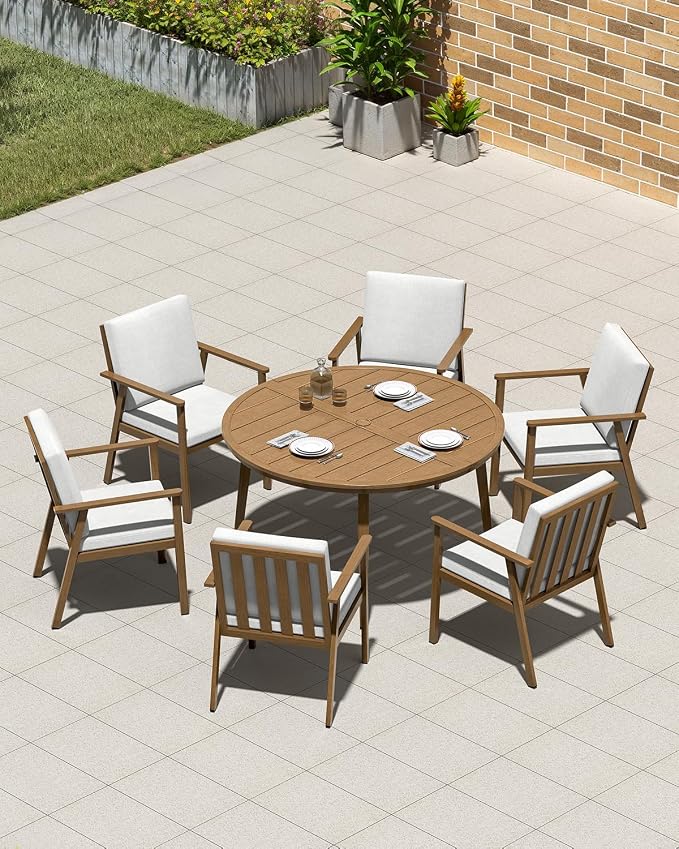 51-Inch Round Outdoor Dining Table, Aluminum Patio Dining Table with Umbrella Hole, Outdoor Round Dining Table for 6, Never-Rust Patio Table for Lawn, Backyard, Deck, and Garden, Teak