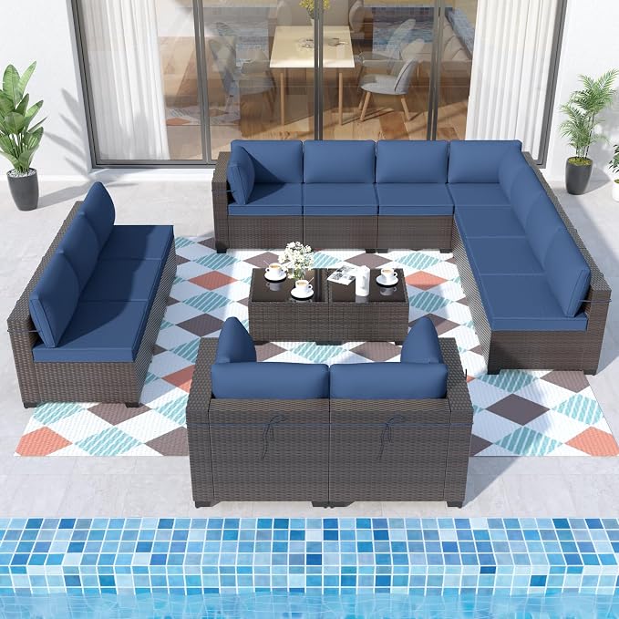 ALAULM 14 Pieces Patio Furniture Set Wicker Patio Conversation Set, Outdoor Sectional Furniture w/Coffee Table & Washable Seat Cushions-Dark Blue