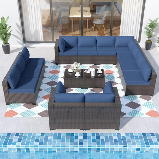 ALAULM 14 Pieces Patio Furniture Set Wicker Patio Conversation Set, Outdoor Sectional Furniture w/Coffee Table & Washable Seat Cushions-Dark Blue