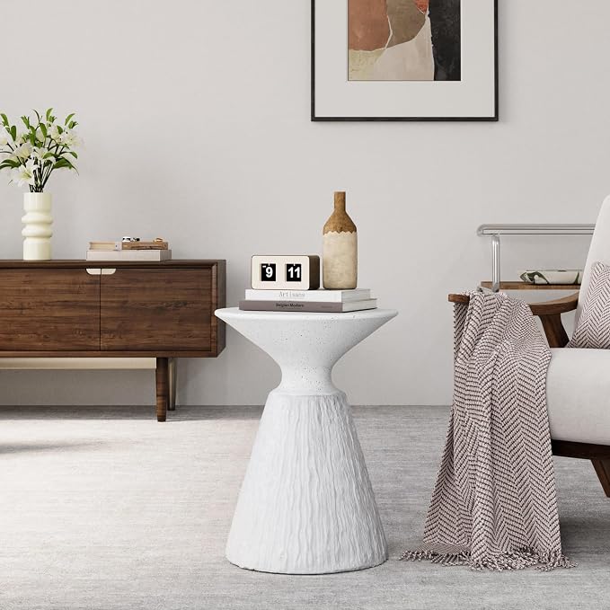 HOMPUS Outdoor Side Table, Mushroom Shaped MgO End Table, Lightweight Concrete Accent Table, Patio Coffee Table, Modern Vintage Small Garden Table Unique Plant Stand for Indoor Outdoor Use, White