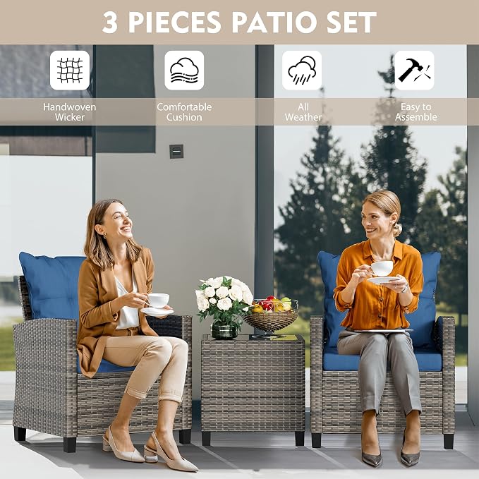 Vongrasig 3 Piece Patio Furniture Set Small Outdoor Wicker Rattan Front Porch Bistro Set Cushioned Patio Chairs Conversation Set with Glass Table for Lawn, Garden, Backyard, Balcony, Poolside (Blue)