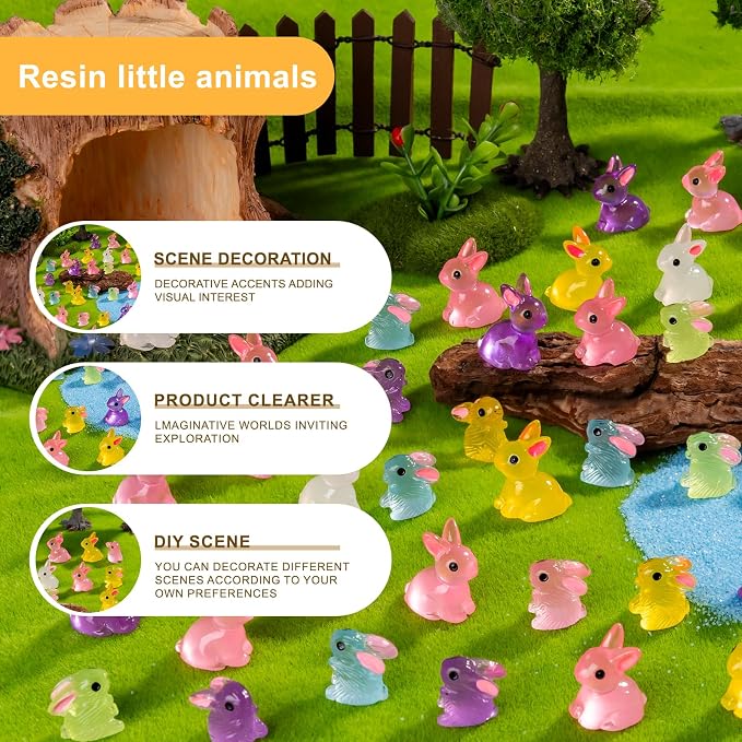 60 pcs Easter Mini Bunnies Luminous Small Rabbit Figures Miniature Little Small Animal Figurines Bulk for Micro Fairy Garden Landscape Accessories Hide Crafts Decor Aquarium