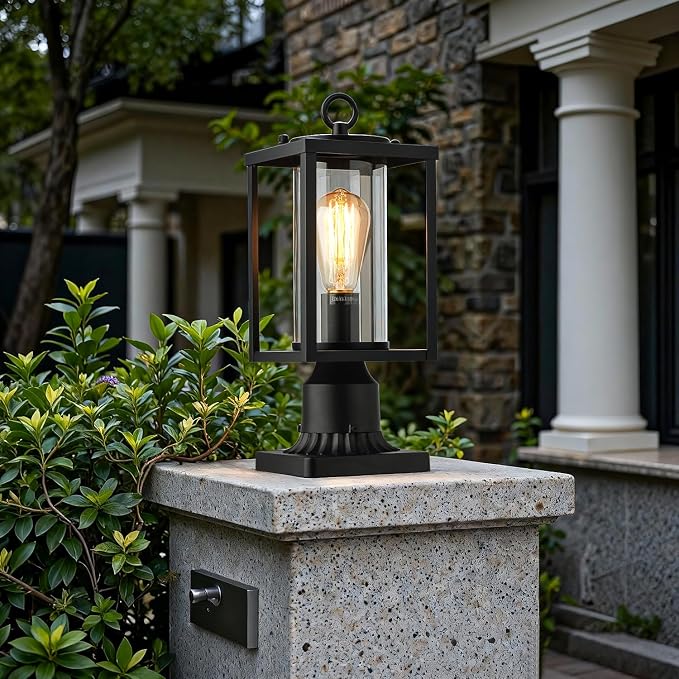 mirrea 14" Outdoor Post Light, Rectangular Pole Lamp for Outside, Lamp Post Light Fixture, Hardwired Outdoor Lighting for Yard, Deck, Cylinder Glass Shade, Matte Black, Pack of 1