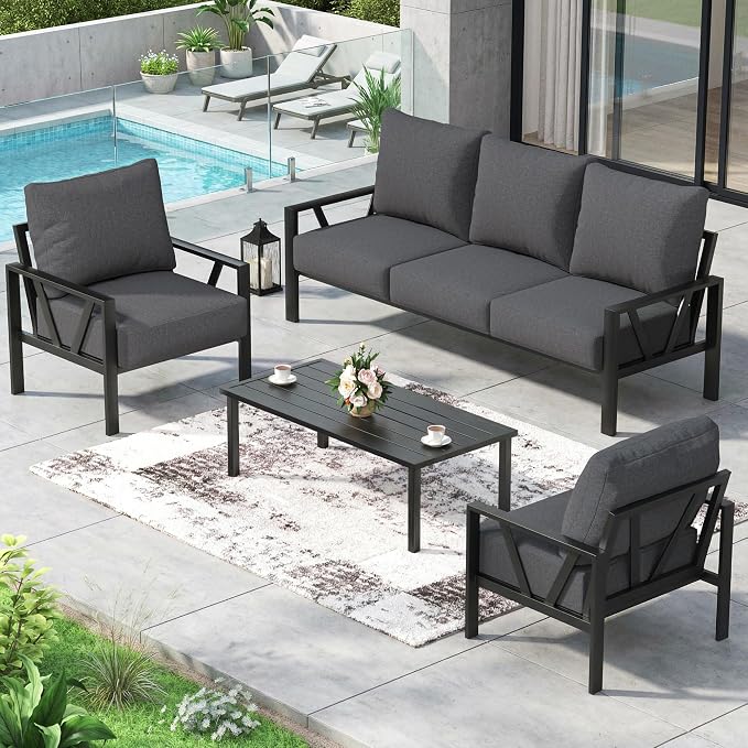Patio Furniture Set, Metal Outdoor Furniture with Coffee Table, Modern Outdoor Patio Conversation Seating Set, Grey