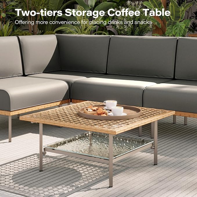 LAUSAINT HOME 5-Piece Outdoor Patio Furniture Set, Wicker Outdoor Conversation Set PE Rattan Sectional Sofa with Washable Cushions and Tempered Glass Table for Garden (Grey)