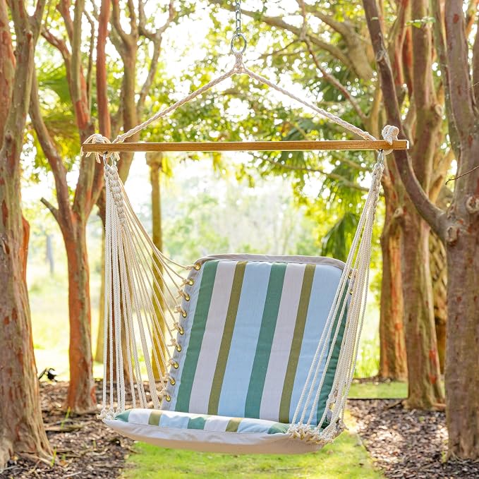 Original Pawleys Island Sunbrella Cushioned Single Swing – Gateway Aloe, Oak Spreader Bar, 350 lb Capacity, 24 in. x 24 in., Handcrafted in the USA