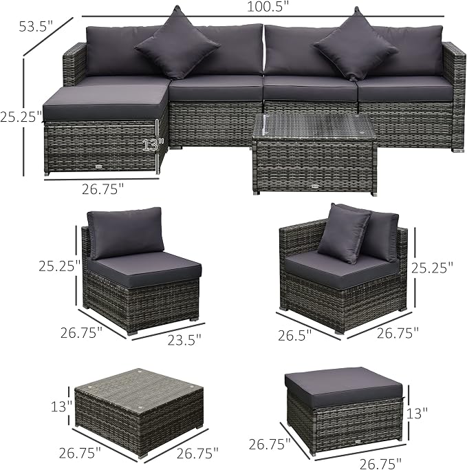 Outsunny 6 Piece Patio Furniture Set Outdoor Wicker Conversation Set All Weather PE Rattan Sectional Sofa Set with Ottoman, Cushions and Tempered Glass Table, Mixed Gray and Gray