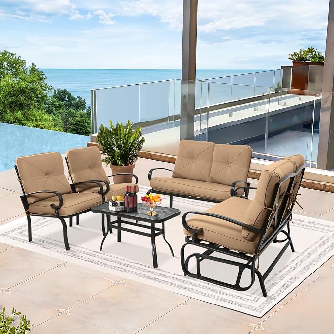 5 Pcs (6 Seats) Metal Outdoor Patio Furniture Conversation Sets, Glider, Loveseat and Coffee Table, 2 Single Chairs with Cushions (Brown)