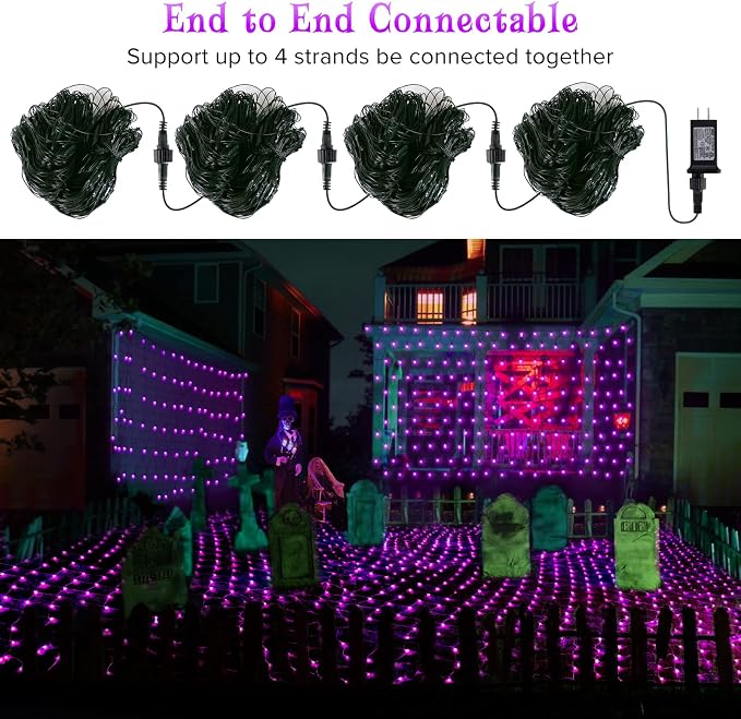 BlcTec Halloween Net Lights, 200 LED 8.4ft x 5.2ft Purple Halloween Lights with 8 Modes, Timer, Connectable, Waterproof and Green Wire Design for Trees, Bushes Outdoor Decorations