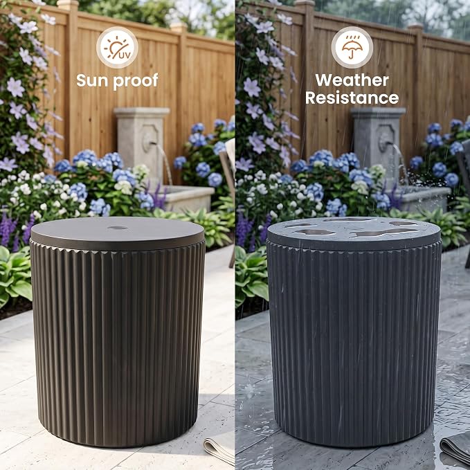 HOMPUS Umbrella Side Table, Outdoor Patio Table with Umbrella Hole, Round Patio Stand for Porch, Poolside & Garden, Composite Material, Modern Coffee End Table, Easy Assembly, Black
