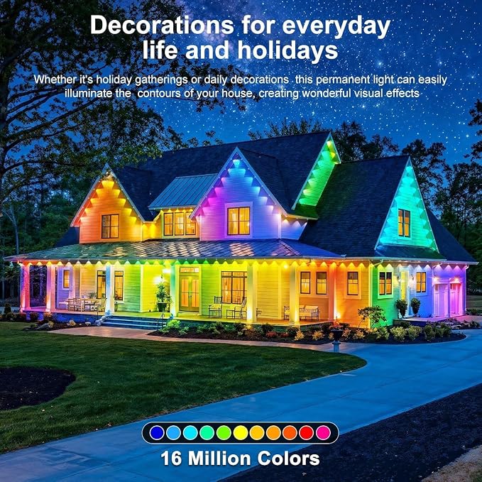 LITSOUL 400FT Permanent Outdoor Lights for House Waterproof, Smart RGB Eave LED Lighting with 16 Million Colors, IP67 Outdoor Strip Lights for Christmas Halloween Holiday Daily Decorations(400FT)
