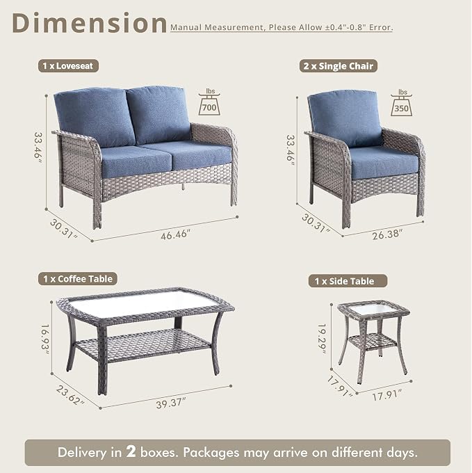 Weaxty Wicker Patio Furniture Set High Back Loveseat Sofa Couch Armchair Coffee Table, All Weather Rattan 4 Pieces Outdoor Conversation Sets for Patio Porch Deck Backyard Poolside, Denim Blue