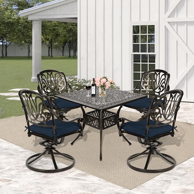 5 Piece Patio Dining Set, Outdoor Table and Chairs Set for 4 Cushioned Swivel Rocking Chairs and 35.4'' Square Table, All-Weather Cast Aluminum Patio Funiture Set, 2.2'' Umbrella Hole, Navy