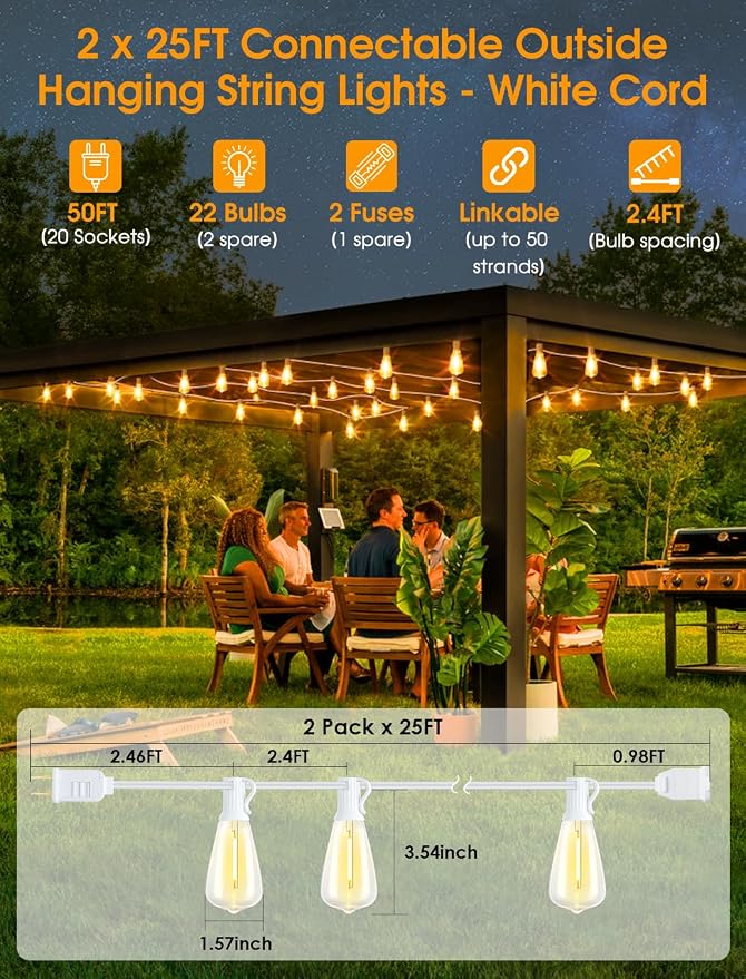 50FT(2x25FT) Outdoor String Lights, Patio Lights with 20+2 LED Dimmable Waterproof ST38 Vintage Bulbs for Wedding Garden Party Decor, White