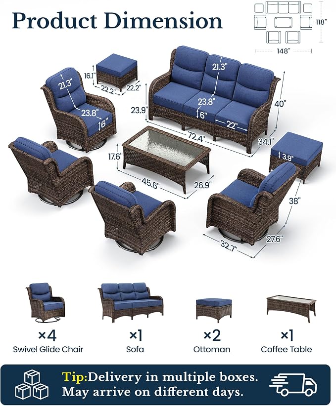 HILLGA Luxury High Back Patio Furniture Set with 6-Inch Thick Cushion, 8-Piece Outdoor Conversation Set with Sofa, Swivel Rocker Chairs & Ottomans, Ideal for Porch Pool Deck Yard (Blue)