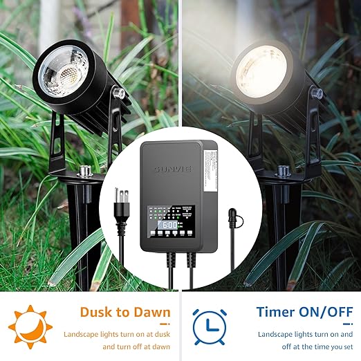 SUNVIE 300W Low Voltage Landscape Transformer with 2 Independent Control Output Landscape Lighting Transformer with Timer and Photocell Sensor 120V AC to 12/14V AC Weatherproof Low Voltage Transformer