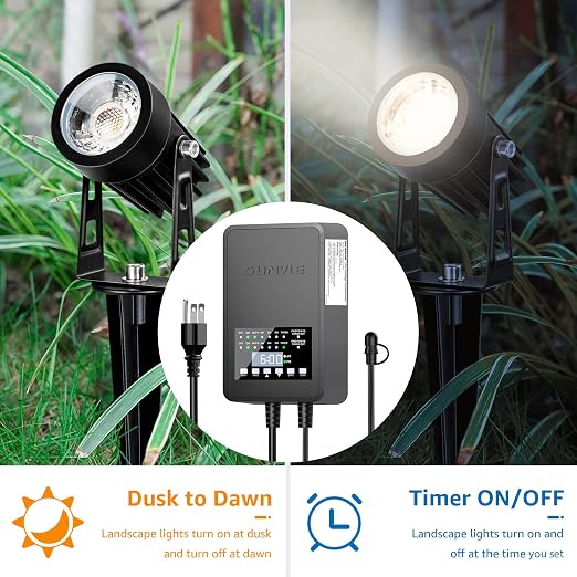 SUNVIE 200W Low Voltage Landscape Transformer with 2 Independent Control Output Landscape Lighting Transformer with Timer and Photocell Sensor 120V AC to 12/14V AC Weatherproof Low Voltage Transformer