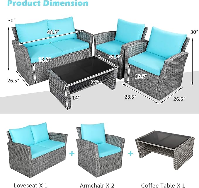 HAPPYGRILL 4-Pieces Patio Rattan Furniture Set Outdoor Conversation Set with Cushions and Coffee Table, Sectional Wicker Sofa Set for Garden Porch Balcony Poolside