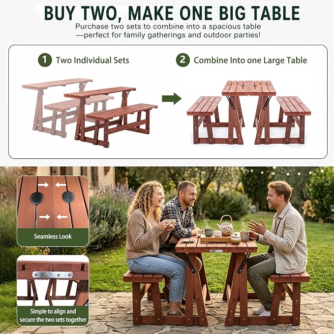 Outdoor Picnic Table 55×29×37"2 in 1 Convertible Wood Bench,UV Protection and Cool Shade Lifetime Camp Stand with Built-In Umbrella Hole,Adjustable Backrest Convert a Patio Dining Set into a Long Seat