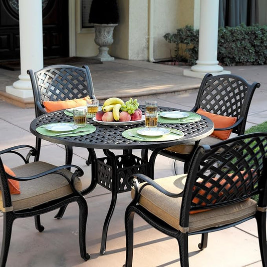 Darlee Nassau 5-Piece Cast Aluminum Patio Dining Set with 48-Inch Round Table and 4 Arm Chairs - Antique Bronze with Sesame Cushions