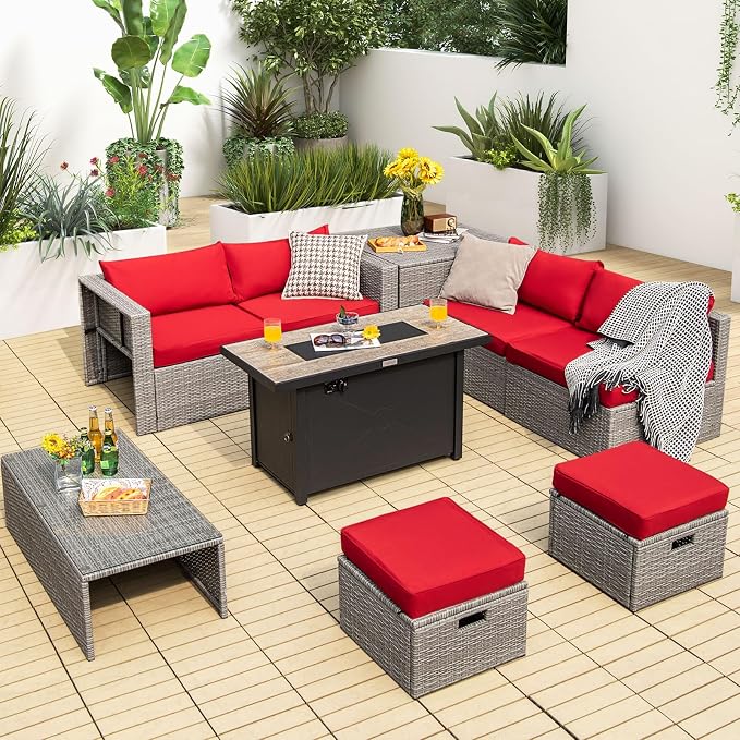 Tangkula 9 PCS Patio Furniture Set with 42” 60,000 BTU Fire Pit, Outdoor Space-Saving Sectional Sofa Set with Storage Box, Waterproof Covers Included (Red)