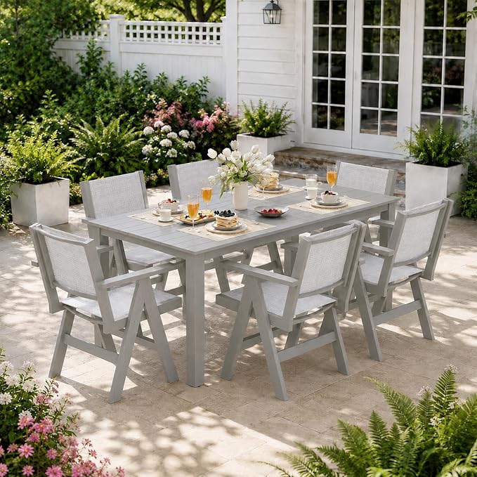 7-Piece Patio Dining Table Set, 69" Rectangle HDPE Outdoor Table & 6 Textilene Chairs Set with 2" Umbrella Hole, Wood-Look Finish, All-Weather Dining Set for Backyard, Poolside, Light Gray