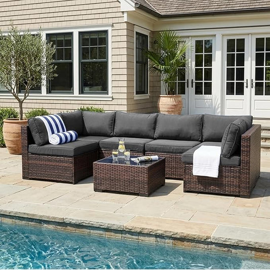 LAUSAINT HOME 7 Pieces Outdoor Patio Furniture, Outdoor Sectional Sofa Patio Furniture Sets Wicker Rattan Patio Conversation Sets with Cushion and Glass Table (Grey)