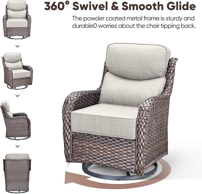 Swivel Patio Chairs sofa Set of 6 with 6" Thick Cushion - Wicker Outdoor Swivel Rocker Patio Chair ,Sofa/Glass coffee table, High Back Comfortable Outdoor Glider Chairs - Brown Wicker | Beige Cushions